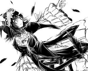 Rating: Safe Score: 0 Tags: 1girl bird black_feathers closed_mouth feathers greyscale hat hat_feather image long_sleeves monochrome smile solo suigintou white_background white_feathers User: admin