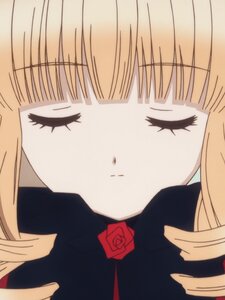 Rating: Safe Score: 0 Tags: 1 1girl bangs blonde_hair blunt_bangs closed_eyes flower image long_hair red_flower red_rose rose shinku simple_background solo User: admin