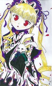 Rating: Safe Score: 0 Tags: 1girl blonde_hair dress frills image lolita_fashion long_hair looking_at_viewer petals red_eyes ribbon shinku solo stuffed_animal stuffed_bunny traditional_media twintails User: admin