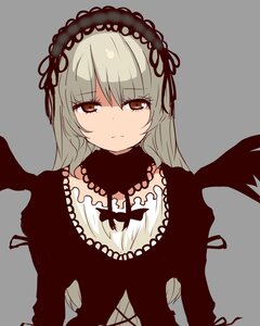 Rating: Safe Score: 3 Tags: 1girl bangs black_wings brown_eyes closed_mouth dress eyebrows_visible_through_hair gothic_lolita grey_background grey_hair hairband imagesuigintou lolita_fashion long_hair long_sleeves looking_at_viewer simple_background solo suigintou upper_body wings User: admin
