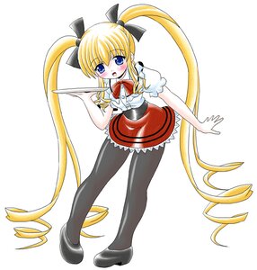 Rating: Safe Score: 0 Tags: 1girl :o black_legwear blonde_hair blue_eyes blush dress full_body hair_ribbon image long_hair looking_at_viewer pantyhose ribbon shinku short_sleeves simple_background skirt solo striped tray twintails very_long_hair waitress white_background User: admin