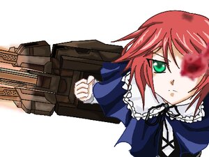 Rating: Safe Score: 0 Tags: 1girl dress green_eyes gun holding holding_weapon image long_sleeves red_hair ribbon short_hair solo souseiseki weapon User: admin