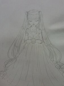 Rating: Safe Score: 0 Tags: 1girl closed_eyes dress greyscale hatsune_miku image long_dress long_hair monochrome shinku solo traditional_media very_long_hair User: admin