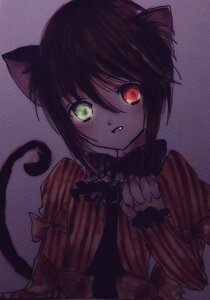 Rating: Safe Score: 0 Tags: animal_ears bow brown_hair cat_ears cat_tail green_eyes hair_between_eyes hariruri heterochromia image long_sleeves looking_at_viewer red_eyes simple_background solo souseiseki striped tail vertical_stripes User: admin