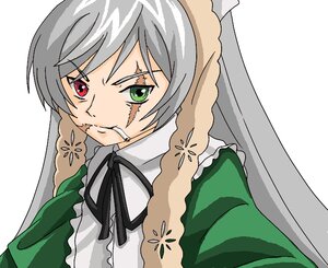 Rating: Safe Score: 0 Tags: 1girl angry black_ribbon braid dress green_eyes heterochromia image long_hair red_eyes ribbon solo suiseiseki white_background User: admin