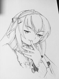 Rating: Safe Score: 0 Tags: 1girl dress eyebrows_visible_through_hair greyscale hairband image long_hair long_sleeves looking_at_viewer monochrome ribbon smile solo suigintou traditional_media User: admin