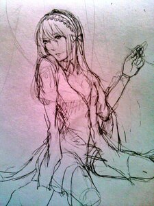 Rating: Safe Score: 0 Tags: 1girl breasts hairband image long_hair monochrome open_clothes pink_theme purple_theme shirt sitting sketch solo suigintou traditional_media User: admin