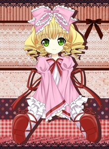 Rating: Safe Score: 0 Tags: 1girl blonde_hair bow dress drill_hair frills full_body green_eyes halftone halftone_background hina_ichigo hinaichigo image long_sleeves looking_at_viewer pink_bow pink_dress pink_footwear polka_dot polka_dot_background red_footwear ribbon shoes short_hair sitting smile solo User: admin