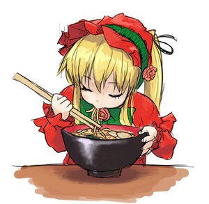 Rating: Safe Score: 0 Tags: 1girl :> artist_request blonde_hair bonnet bowl chopsticks closed_eyes dress eating flower food holding image long_hair long_sleeves lowres nigiribashi noodles ramen red_flower rose rozen_maiden shinku simple_background solo table upper_body white_background User: admin