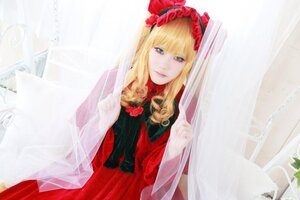 Rating: Safe Score: 0 Tags: 1girl bangs blonde_hair blue_eyes curtains dress flower long_hair looking_at_viewer red_dress rose shinku solo veil User: admin