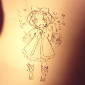 Rating: Safe Score: 0 Tags: 1girl bow dress full_body heart hinaichigo image long_sleeves monochrome open_mouth short_hair sketch smile solo standing traditional_media User: admin