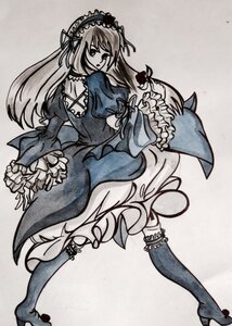 Rating: Safe Score: 0 Tags: 1girl dress frills full_body hairband image lolita_fashion long_hair long_sleeves looking_back monochrome solo standing suigintou User: admin