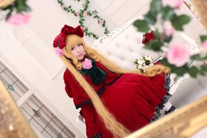 Rating: Safe Score: 0 Tags: 1girl blonde_hair blue_eyes blurry blurry_background blurry_foreground bow depth_of_field dress flower lips long_hair motion_blur photo red_dress shinku sitting solo User: admin