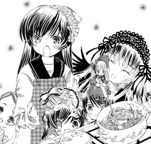 Rating: Safe Score: 0 Tags: :d blush dress food greyscale hairband hina_ichigo image long_sleeves looking_at_viewer monochrome multiple multiple_girls open_mouth school_uniform shinku smile suigintou suiseiseki tagme tears wings User: admin