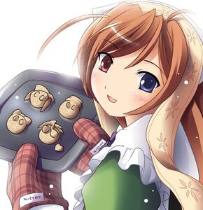Rating: Safe Score: 0 Tags: 1girl ahoge apron blue_eyes blush brown_hair hat head_scarf image plaid smile solo suiseiseki User: admin