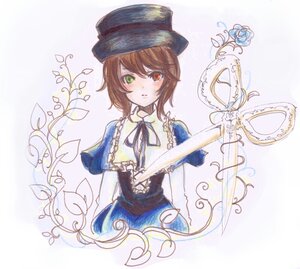 Rating: Safe Score: 0 Tags: 1girl blue_dress blush brown_hair dress green_eyes hat heterochromia image looking_at_viewer red_eyes ribbon short_hair solo souseiseki suiseiseki top_hat User: admin