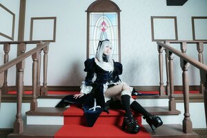 Rating: Safe Score: 0 Tags: 1girl black_dress black_footwear black_legwear boots dress frills gothic_lolita hairband high_heels lolita_fashion long_hair long_sleeves silver_hair sitting solo suigintou umbrella User: admin