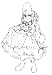 Rating: Safe Score: 0 Tags: 1girl bonnet dress frills full_body greyscale image long_hair long_sleeves looking_at_viewer monochrome shinku simple_background solo standing striped very_long_hair white_background User: admin