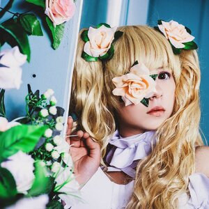 Rating: Safe Score: 0 Tags: 1girl blonde_hair blurry depth_of_field flower hair_flower hair_ornament hands kirakishou leaf lips long_hair plant solo white_flower white_rose User: admin