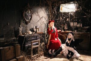 Rating: Safe Score: 0 Tags: 2girls black_legwear bookshelf doll_joints dress indoors long_hair multiple_cosplay multiple_girls red_dress sitting tagme thighhighs User: admin