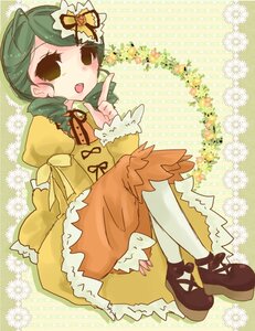 Rating: Safe Score: 0 Tags: 1girl crown dress drill_hair green_hair image kanaria long_sleeves open_mouth pantyhose ribbon shoes sitting solo white_legwear User: admin
