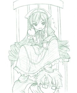 Rating: Safe Score: 0 Tags: 1girl animal_ears apple dress frills hat holding image long_hair long_sleeves monochrome smile solo suiseiseki tail User: admin