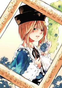 Rating: Safe Score: 0 Tags: 1girl blonde_hair blue_flower blue_rose flower green_eyes hat image pink_rose ribbon rose short_hair solo souseiseki traditional_media yellow_flower yellow_rose User: admin