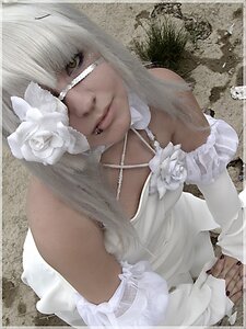 Rating: Safe Score: 0 Tags: 1girl choker dark_skin dress eyepatch flower kirakishou lips rose solo upper_body veil white_flower white_hair white_rose yellow_eyes User: admin