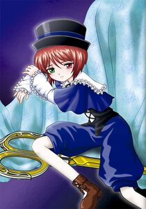 Rating: Safe Score: 0 Tags: 1girl boots brown_hair curtains frills green_eyes hat heterochromia image long_sleeves looking_at_viewer pants red_eyes short_hair sitting solo souseiseki top_hat User: admin