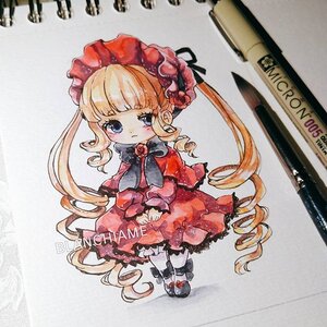 Rating: Safe Score: 0 Tags: 1girl artist_name blonde_hair blue_eyes blush bonnet bow character_name chibi dress drill_hair english_text frills full_body image long_hair long_sleeves looking_at_viewer marker_(medium) pantyhose photo ringlets rose shinku shoes solo standing traditional_media twin_drills twintails very_long_hair white_legwear User: admin