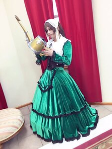 Rating: Safe Score: 0 Tags: 1girl brown_hair curtains dress frills full_body green_dress long_sleeves solo standing suiseiseki veil User: admin