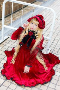 Rating: Safe Score: 0 Tags: 1girl blonde_hair blue_eyes chain-link_fence dress fence flower long_hair long_sleeves looking_at_viewer pavement red_dress rooftop rose shinku solo tile_floor tile_wall tiles User: admin