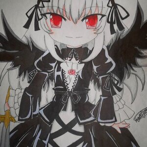 Rating: Safe Score: 0 Tags: 1girl bangs black_dress black_ribbon black_wings blush closed_mouth dress eyebrows_visible_through_hair flower frills gothic_lolita grey_background hair_between_eyes hair_ribbon image long_hair long_sleeves looking_at_viewer marker_(medium) photo puffy_sleeves red_eyes ribbon rose shikishi signature simple_background smile solo suigintou traditional_media white_background wings User: admin