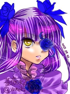 Rating: Safe Score: 0 Tags: 1girl artist_name bangs barasuishou blue_flower blue_ribbon blue_rose flower hair_ribbon image long_hair purple_hair purple_rose ribbon rose solo yellow_eyes yellow_rose User: admin