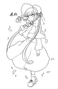 Rating: Safe Score: 0 Tags: 1girl bonnet bow bowtie capelet dress drill_hair flower full_body greyscale image long_hair long_sleeves looking_at_viewer monochrome petals rose shinku solo standing striped twintails very_long_hair User: admin