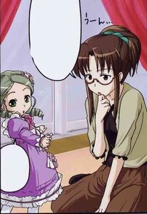 Rating: Safe Score: 0 Tags: 2girls bow brown_hair dress drill_hair glasses green_eyes green_hair image kanaria kusabue_mitsu long_sleeves multiple_girls ponytail solo User: admin