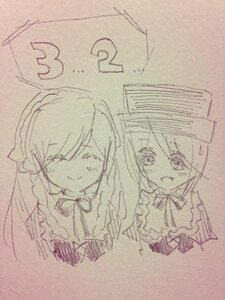 Rating: Safe Score: 0 Tags: 1girl :d ? blush closed_eyes image monochrome musical_note open_mouth pair ribbon short_hair simple_background sketch smile souseiseki suiseiseki tears traditional_media User: admin