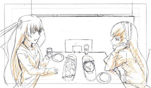 Rating: Safe Score: 0 Tags: 2girls barasuishou cup food image long_hair monochrome multiple_girls pair suigintou table tea User: admin