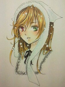 Rating: Safe Score: 0 Tags: 1girl bangs black_ribbon eyebrows_visible_through_hair frills green_eyes heterochromia image long_hair looking_at_viewer parted_lips red_eyes ribbon simple_background solo suiseiseki traditional_media User: admin