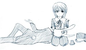 Rating: Safe Score: 0 Tags: 1boy 1girl blush hat hat_removed headwear_removed image long_sleeves monochrome short_hair sitting solo souseiseki User: admin