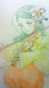 Rating: Safe Score: 0 Tags: 1girl flower green_eyes hair_ornament image instrument kanaria long_sleeves music short_hair solo traditional_media User: admin