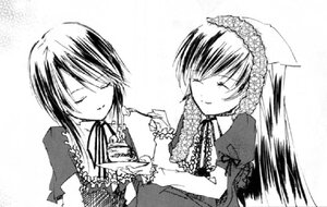 Rating: Safe Score: 0 Tags: 2girls blush closed_eyes dress food greyscale image long_sleeves monochrome multiple_girls pair siblings sisters smile souseiseki suiseiseki User: admin