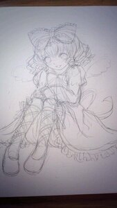 Rating: Safe Score: 0 Tags: 1girl bound bow dress graphite_(medium) hinaichigo image monochrome photo puffy_sleeves ribbon sketch smile solo traditional_media User: admin