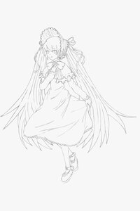 Rating: Safe Score: 0 Tags: 1girl dress full_body image long_hair monochrome shinku shoes smile solo standing striped very_long_hair User: admin