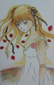Rating: Safe Score: 0 Tags: 1girl blonde_hair blue_eyes dress flower hair_ribbon image long_hair petals red_flower ribbon rose rose_petals shinku solo traditional_media twintails watercolor_(medium) User: admin