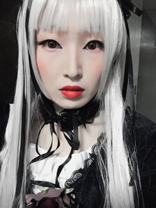 Rating: Safe Score: 0 Tags: 1girl bangs black_eyes black_ribbon blunt_bangs choker closed_mouth grey_eyes lace lips long_hair looking_at_viewer makeup solo suigintou upper_body User: admin