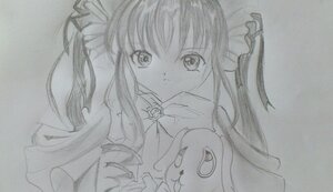 Rating: Safe Score: 0 Tags: 1girl auto_tagged graphite_(medium) hair_ribbon image long_hair looking_at_viewer monochrome photo ribbon shinku simple_background solo traditional_media twintails upper_body User: admin