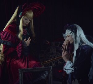Rating: Safe Score: 0 Tags: 2girls blonde_hair closed_eyes dark dress flower hands_together long_hair long_sleeves multiple_cosplay multiple_girls red_dress shinku silver_hair sitting suigintou tagme User: admin