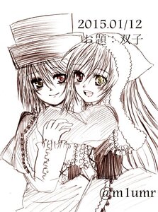 Rating: Safe Score: 0 Tags: 2girls :d blush hat heterochromia hug image long_hair long_sleeves looking_at_viewer monochrome multiple_girls open_mouth pair siblings sisters smile souseiseki suiseiseki User: admin