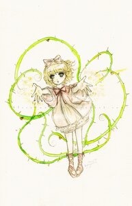 Rating: Safe Score: 0 Tags: 1girl blonde_hair bow dress full_body green_eyes hinaichigo image looking_at_viewer ribbon short_hair solo traditional_media User: admin